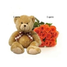Bouquet of orange roses and Teddy Bear