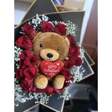 Bear and Rose Bouquet (BEAR HOLDING PINK HEART I LOVE YOU MORE)