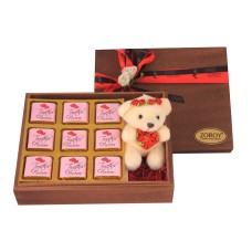 Wood Box With 9 Dark Chocolates And A Teddy Bear
