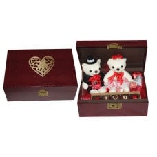 Couple Love Hamper- Pair of teddies and chocolates in Leather Hamper box