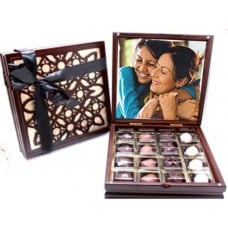 Personalised Elegant cut work Signature wood Box with 16 Belgian chocolates