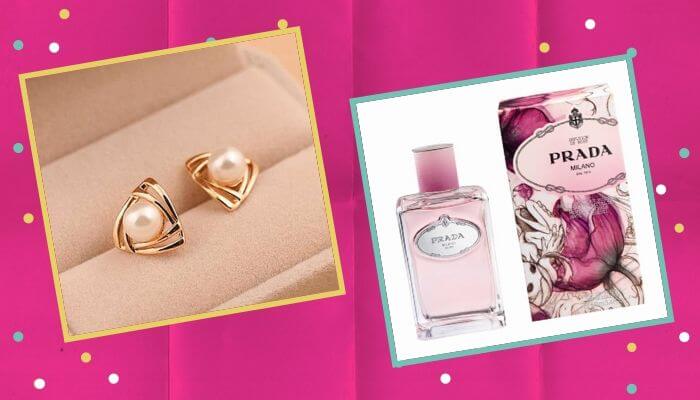 Gold-Plated Pearl Earrings + Prada Beauty Infusion de Rose