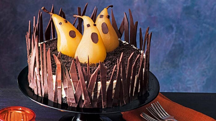 Rich Chocolate Cheesecake with Ghostly Pears