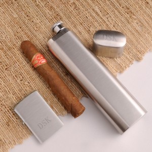 Personalized Cigar Case Flask and Zippo Lighter Combo