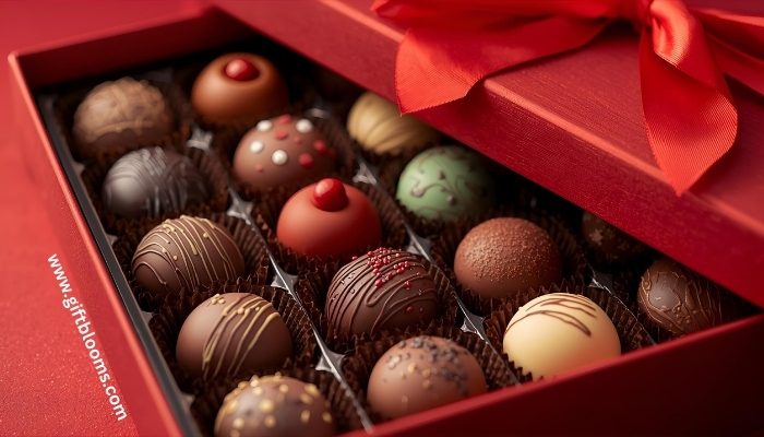 Luxury Belgian chocolate pralines featuring seasonal flavors arranged in elegant Christmas gift box with festive ribbon