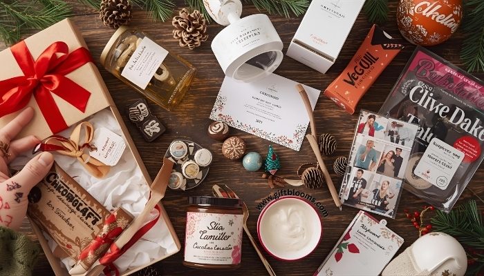 Completed Belgian personals declaration form showing gift package contents including chocolates and holiday items for Christmas delivery