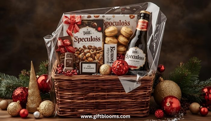 Elegant Belgian Christmas gift basket containing premium chocolates, speculoos cookies, festive beer, and holiday decorations wrapped in cellophane