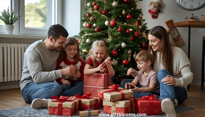 Belgian family gathered around Christmas tree joyfully opening wrapped presents including chocolate gifts delivered from abroad during festive celebration