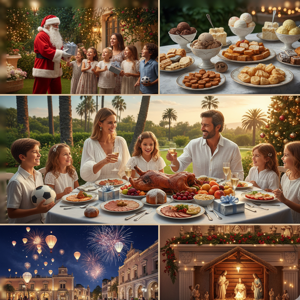 Collage showing various how Christmas is celebrated in Argentina traditions including food, gifts, and celebrations