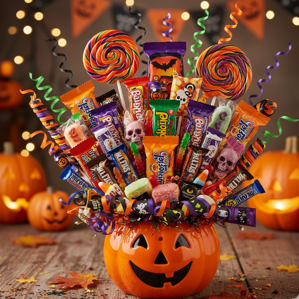 Halloween candy bouquets for kids with colorful sweets in festive packaging