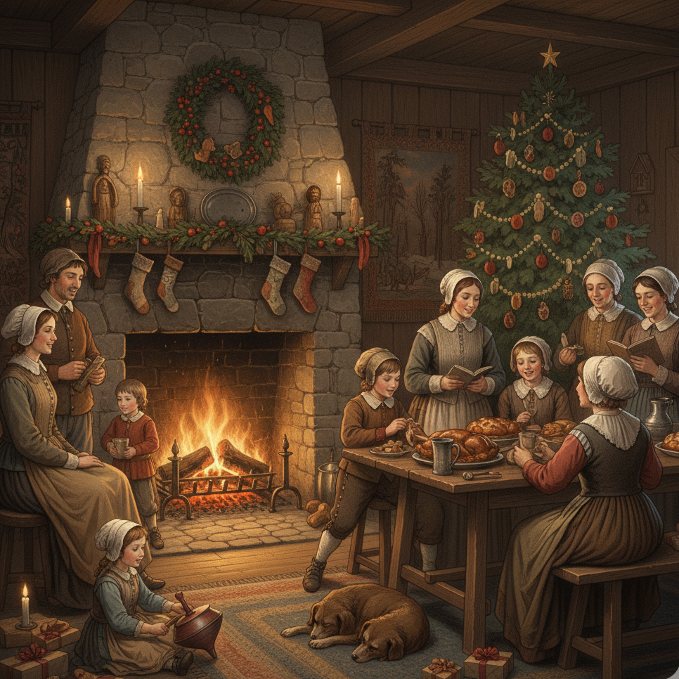 Early American Christmas traditions showing families celebrating together with historical decorations
