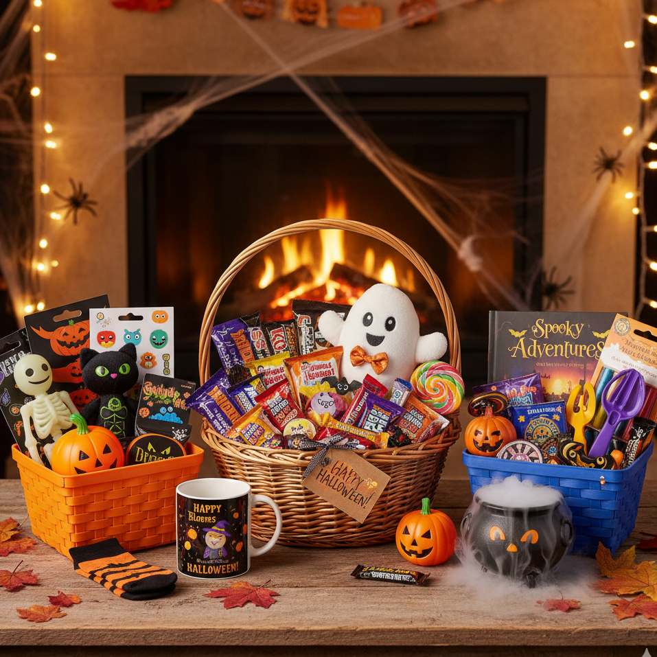 Gift Blooms Halloween gifts for kids collection with candy baskets and plush toys