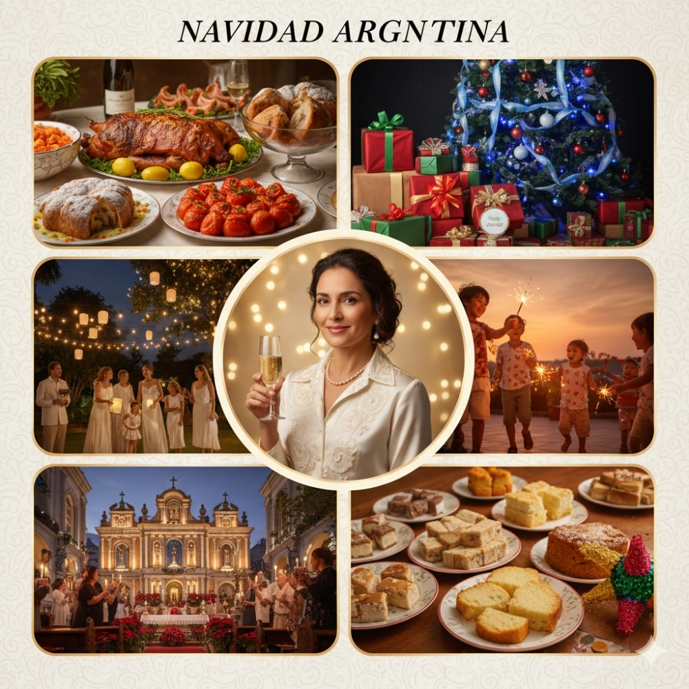 Collage showing various how Christmas is celebrated in Argentina traditions including food, gifts, and celebrations