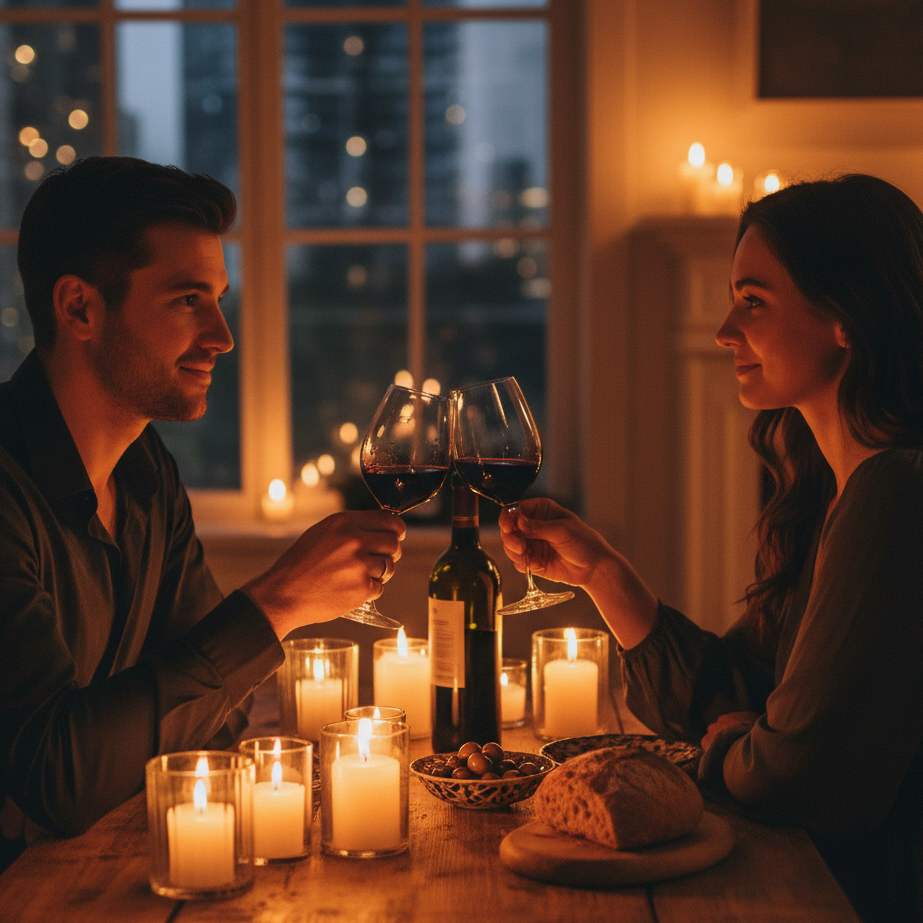 Romantic couple drinking wine together during intimate date night