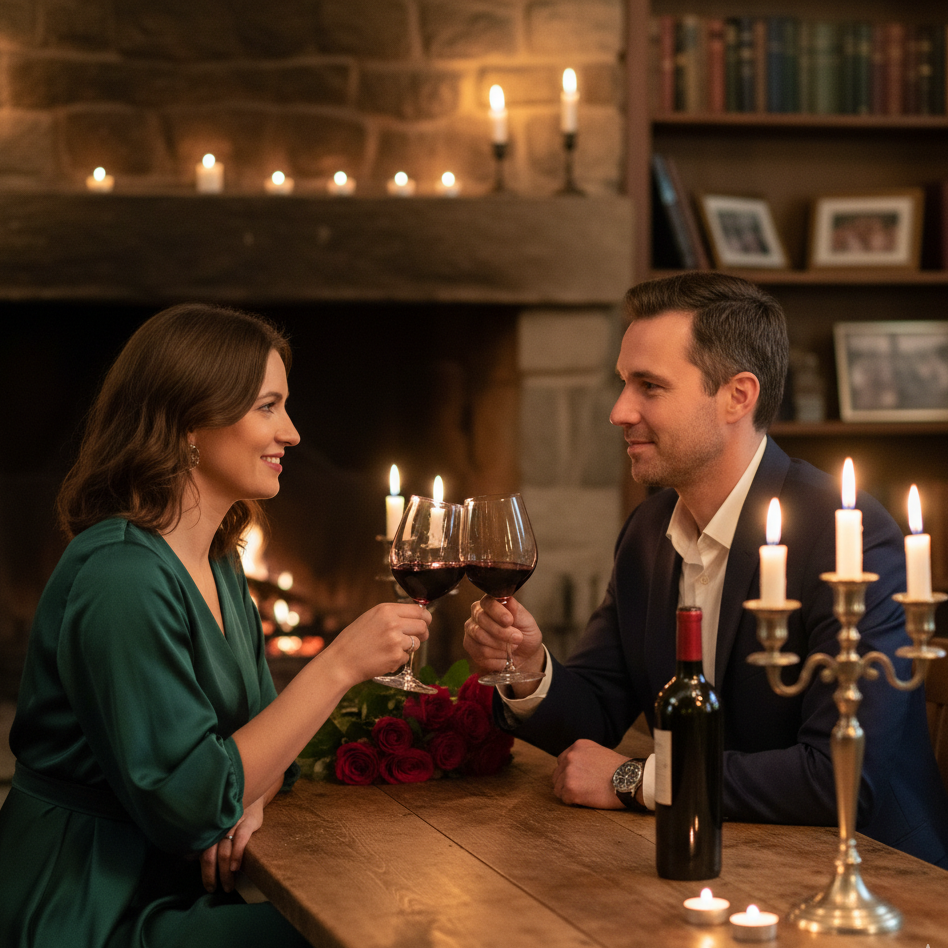 Romantic couple drinking wine together during intimate date night