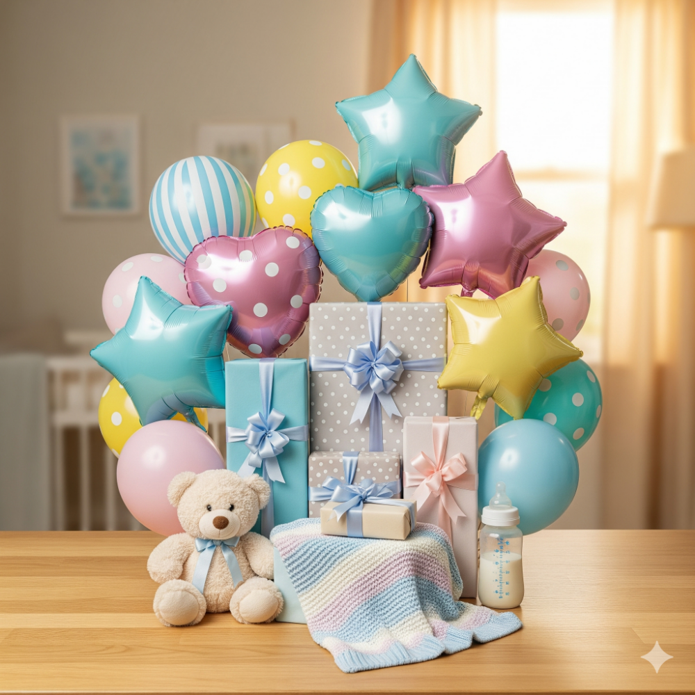 Beautiful new baby balloon arrangement combined with wrapped gifts and baby essentials