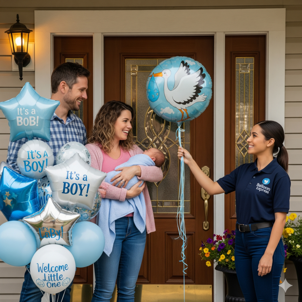 Smiling parents receiving beautiful new baby balloons delivery at their front door