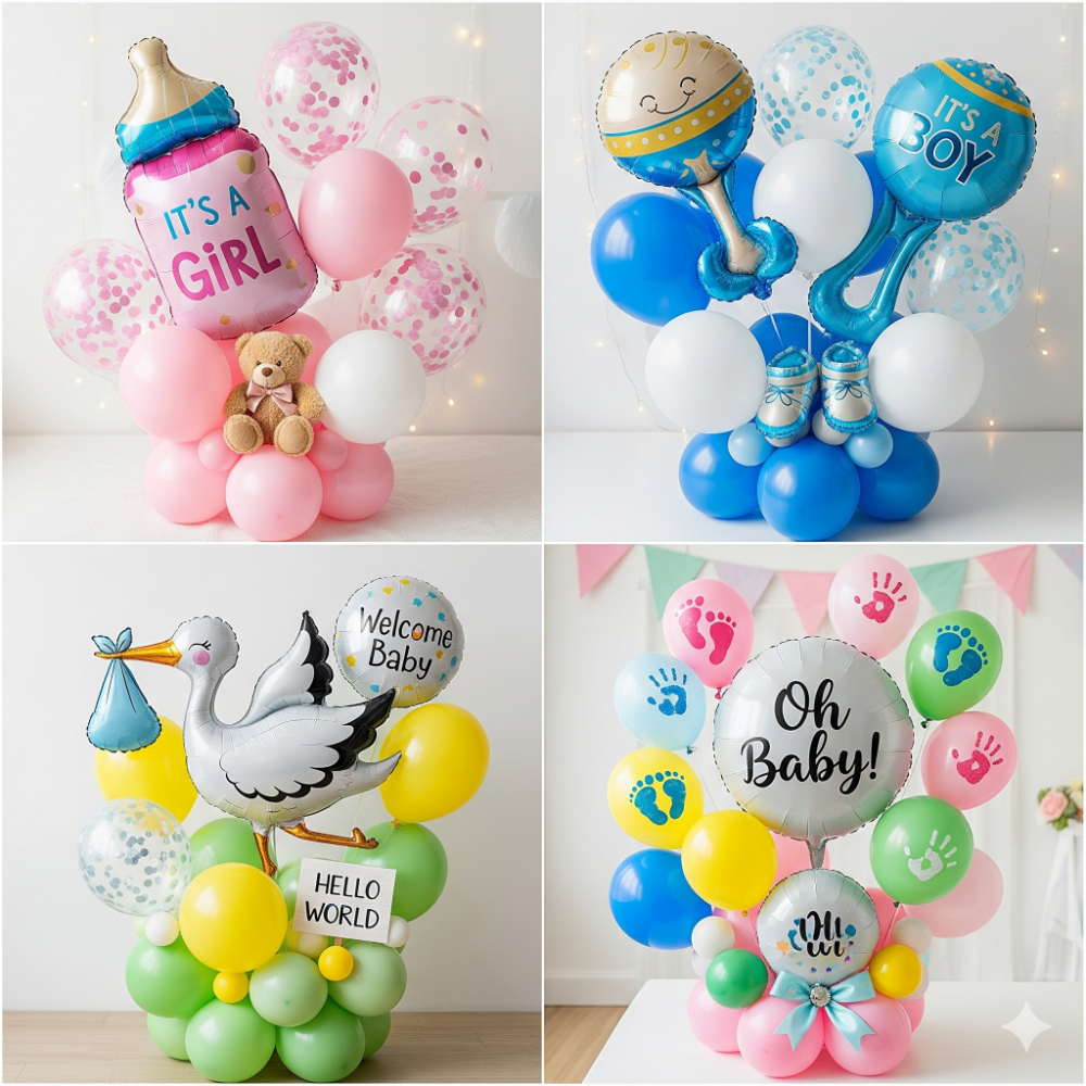 Collection of different new baby balloon arrangements showing pink, blue, and neutral color schemes