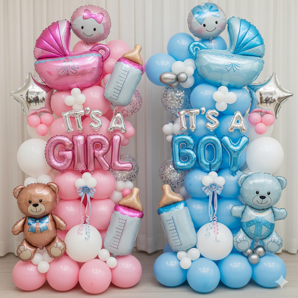 Elegant pink and blue new baby balloon collections arranged for gender-specific celebrations