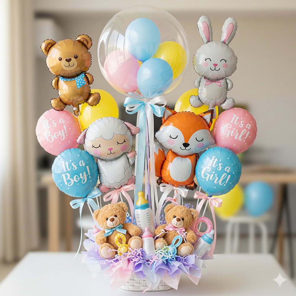 Adorable character-themed new baby balloon arrangements featuring teddy bears and baby animals