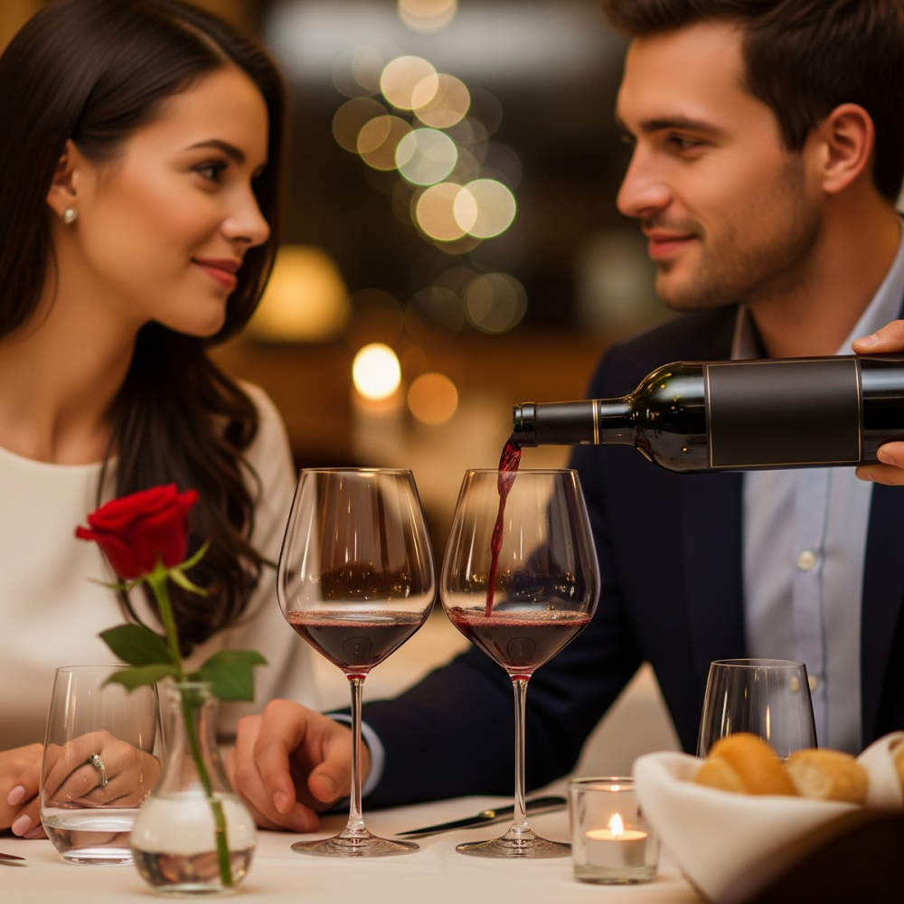 Romantic red wine dinner table setup with candles