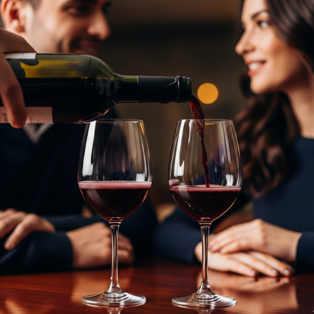 Romantic red wine dinner table setup with candles
