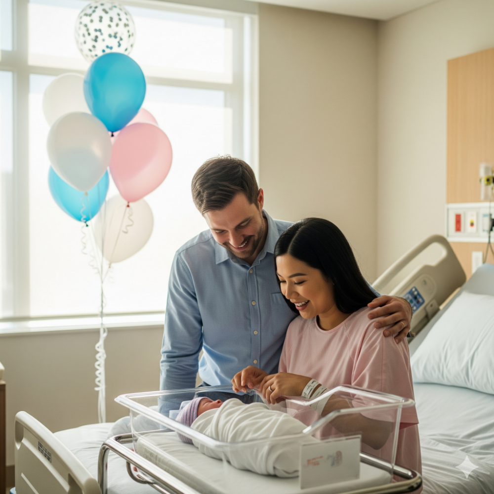 Beautiful nursery room decorated with new baby balloons arranged safely away from the crib