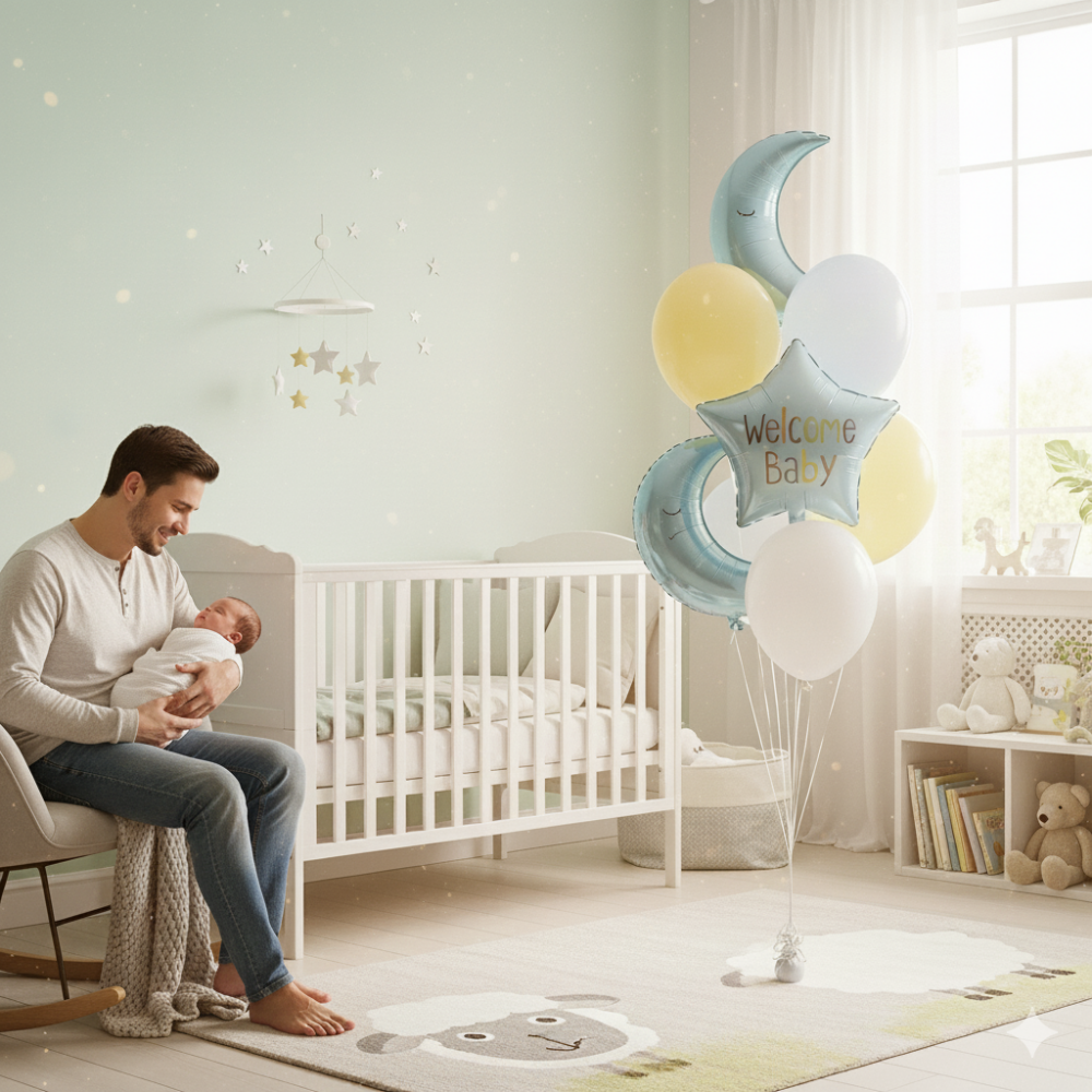 Beautiful nursery room decorated with new baby balloons arranged safely away from the crib