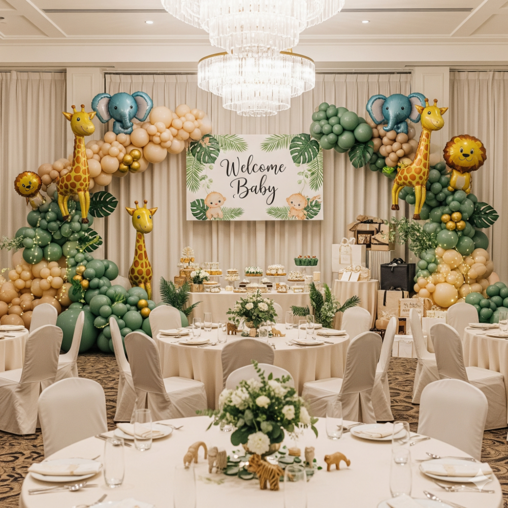 Elegant baby shower venue decorated with coordinated new baby balloon arrangements in safari theme