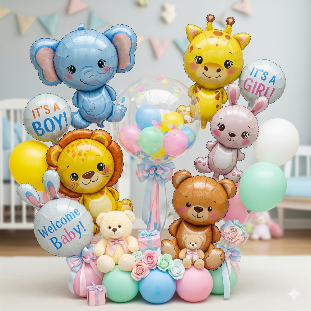 Adorable character-themed new baby balloon arrangements featuring teddy bears and baby animals