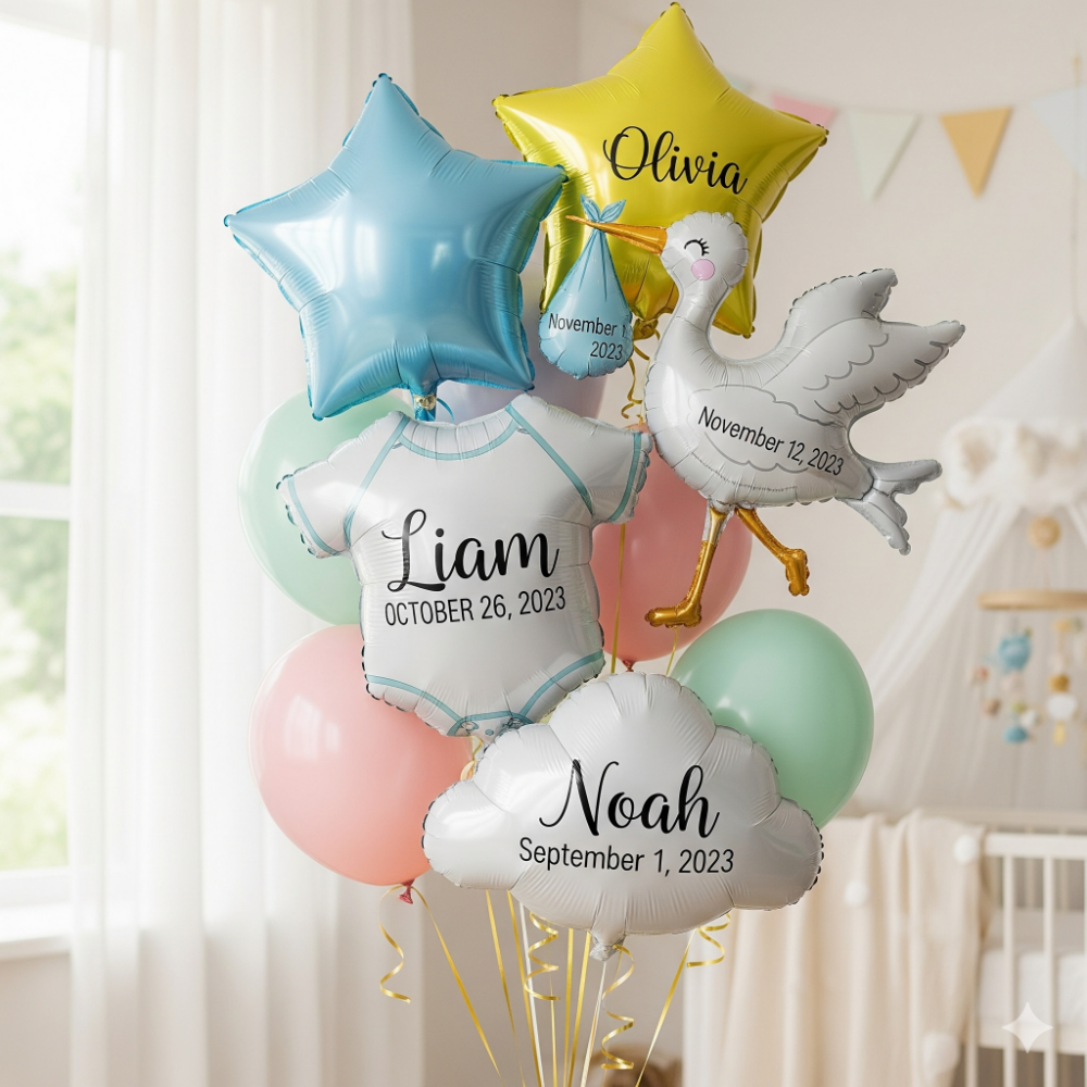 Beautiful personalized new baby balloons featuring custom baby names and birth dates