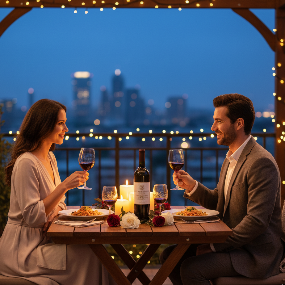 Romantic couple drinking wine in perfectly set evening atmosphere