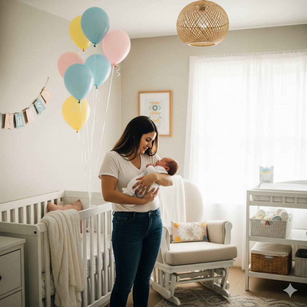Safely arranged new baby balloons positioned away from crib and baby areas while maintaining decorative impact