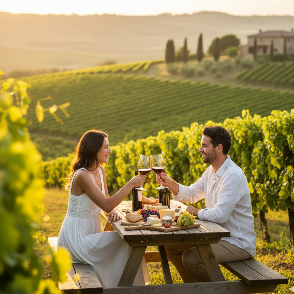 Romantic couple drinking wine in perfectly set evening atmosphere