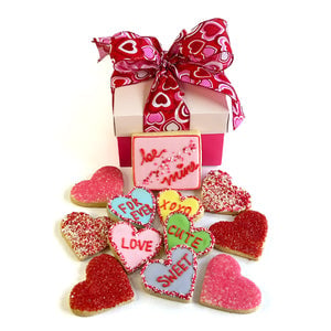 Be Mine Sugar Cookie Collection (6 white chocolate hearts and 5 conversation hearts and 1 royal iced "Be Mine" cookie)