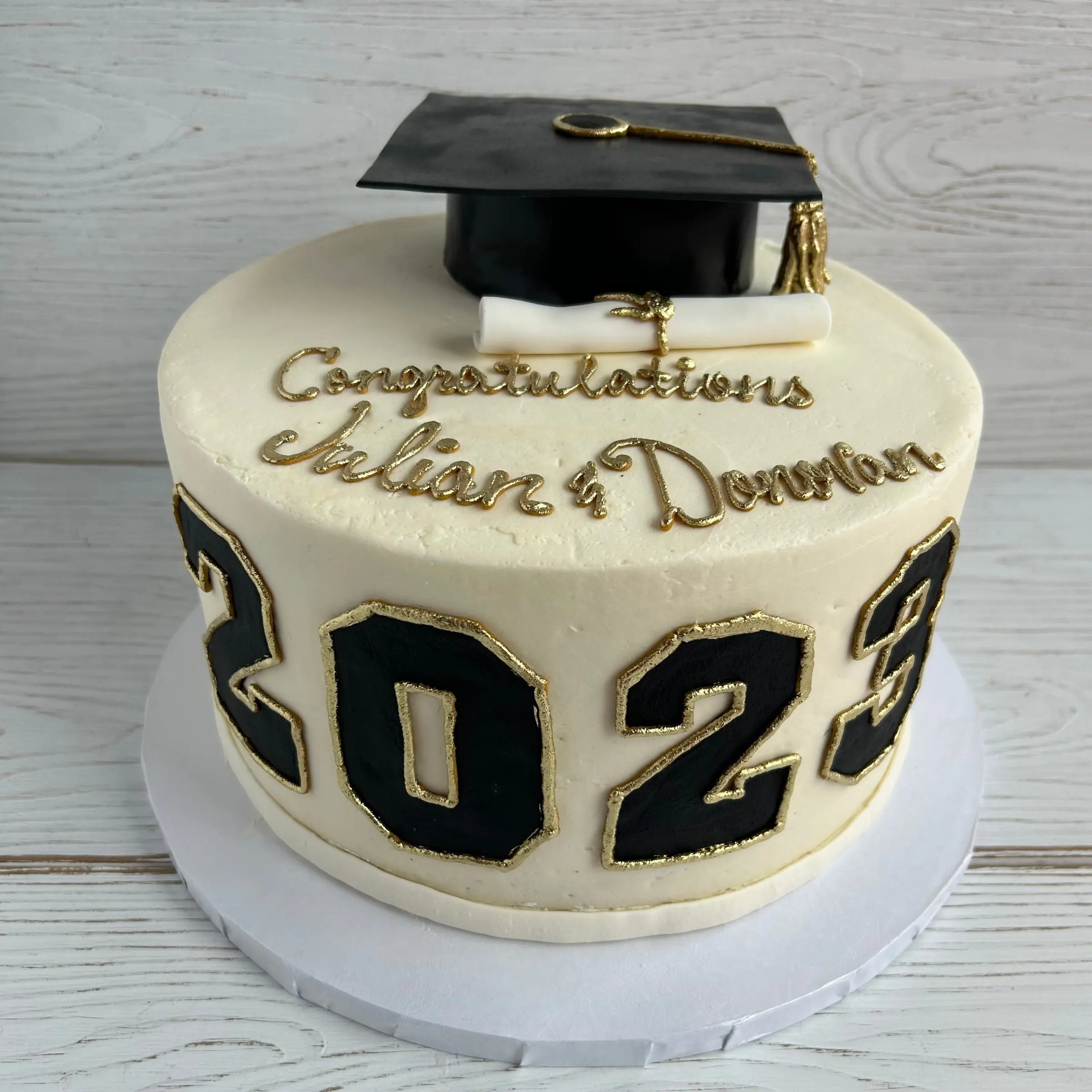 Graduation Cap, Diploma, and Year in Black and Gold Cake