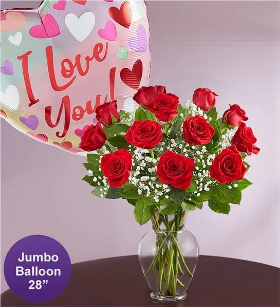 Rose Elegance Premium Roses with Jumbo Love Mylar (12 Stems)