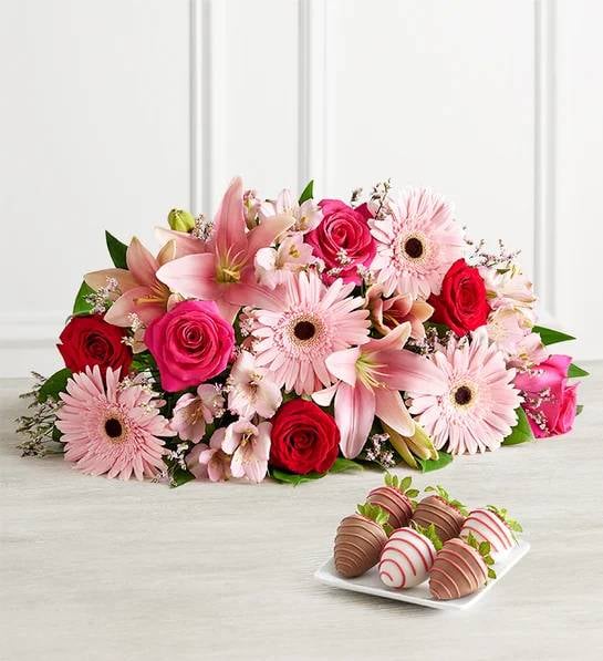 Fields of Europe® Romance with Love & Romance Dipped Strawberries (Fields of Europe® Romance - Large Bouquet Only With 6ct Love and Romance Strawberries)