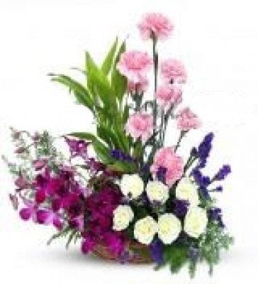 Mixed Flowers Arrangement Purple Orchid Pink Carnation And Roses (As Shown)