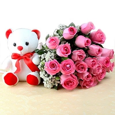 Bunch Of 24 Pink Roses And 6 Inch Teddy (As Shown)