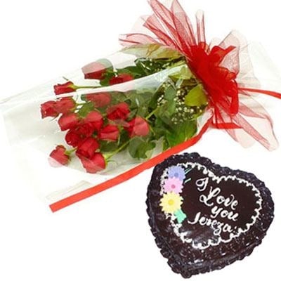 12 Red Roses With Black Forest Cake 1kg (As Shown)
