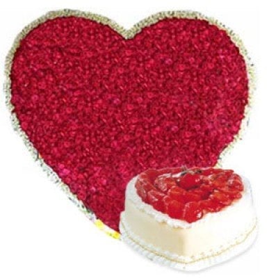 Heart With 100 Red Roses 1 Kg Heart Shape Strawberry Cake (As Shown)