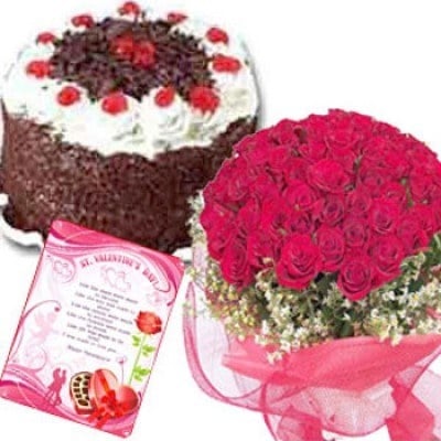 Bunch Of 40 Red Roses & 1 Kg Black Forest Cake. (As Shown)