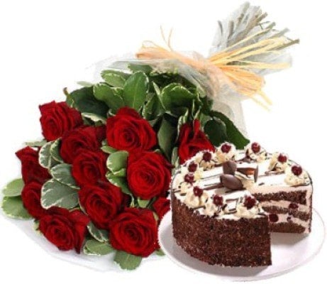 Bunch Of 10 Red Roses & 1/2 Kg Black Forest Cake (As Shown)