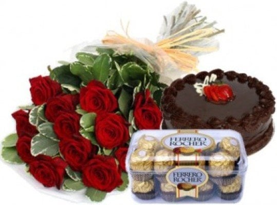 Bunch Of 10 Red Roses 1 Kg Chocolate Cake 16 Pcs Ferrero Rocher Box (As Shown)
