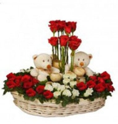 Basket Of 40 Red White Roses And 2 Teddies (As Shown)