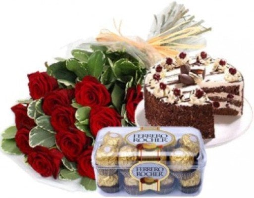 Bunch Of 12 Red Roses 1 Kg Black Forest Cake 16 Pcs Ferrero Rocher Box (As Shown)
