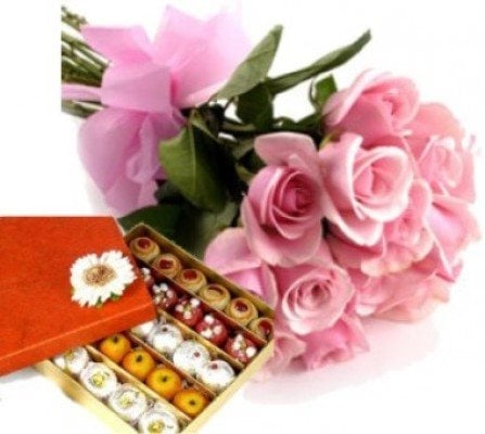 12 Pink Roses Half Kg Assorted Mithai (As Shown)