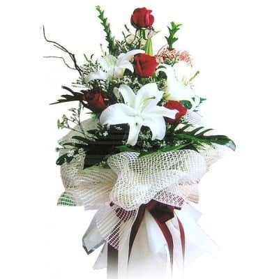 Bouquet Of 3 Stems White Lilies With 10 Red Roses (As Shown)