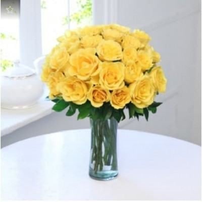 Glass Vase Of 25 Yellow Roses (As Shown)
